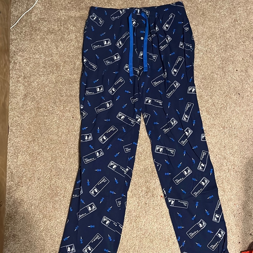 Blue and white office themed pj pants. Good for men and women!